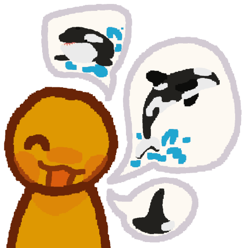 A yellow person with a happy expression on their face and three speech bubbles coming from them. Inside the speech bubble from top to bottom are an orca sticking their head out of the water, and orca breaching logo, and an orca's dorsal fin.
